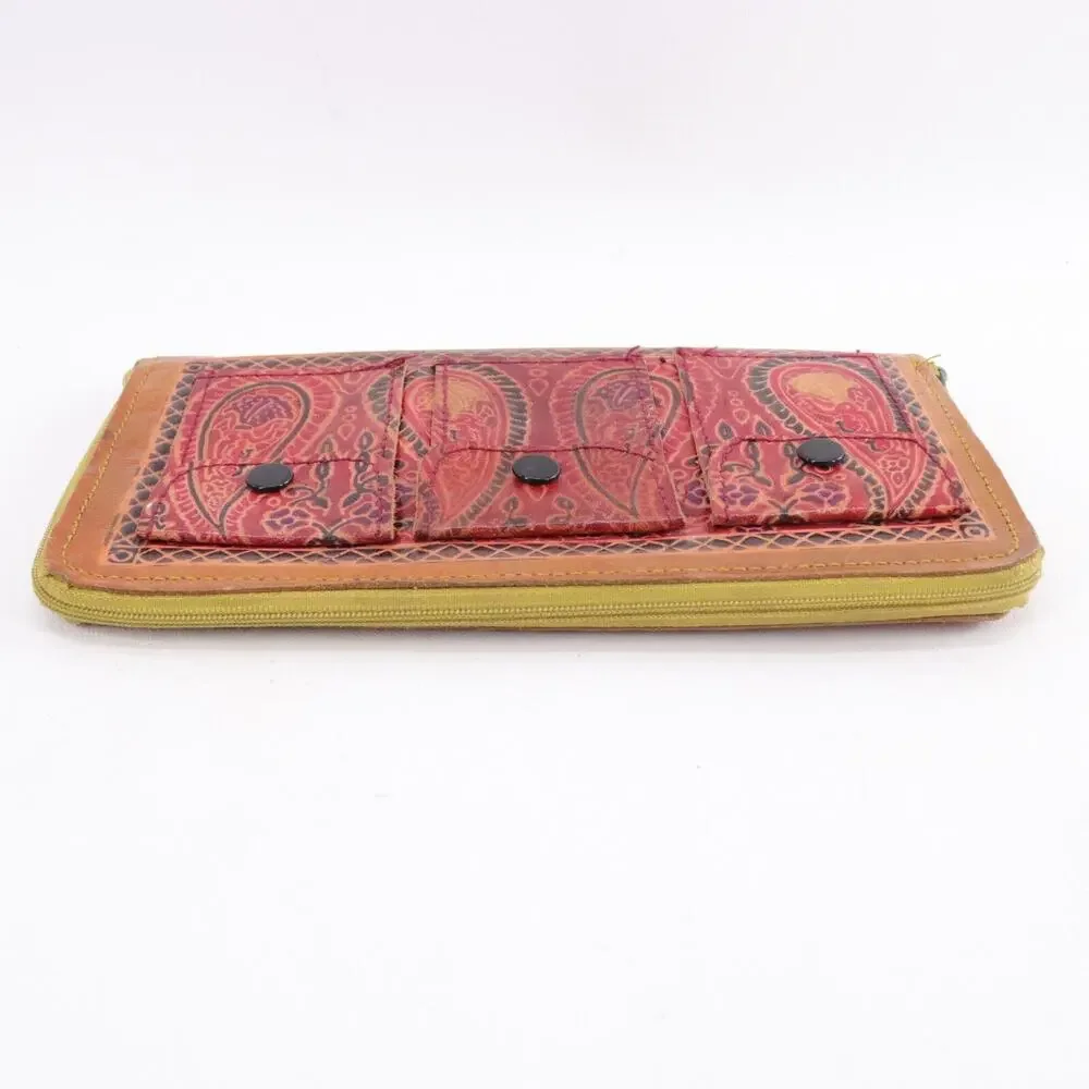 Bohemian Style Wallet Women Red Paisley Leather Tri Pocket Clutch Zip Cards